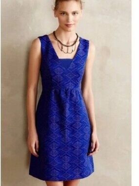 Anthropologie Maeve blue with purple stitching jacquard fit and flare dress